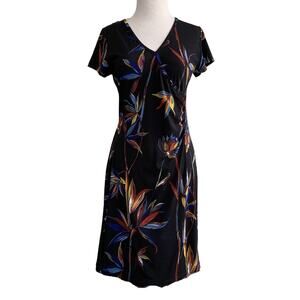 Papillon Blanc Floral Wrap Dress Black Knee-Length Short Sleeve V-Neck Size M